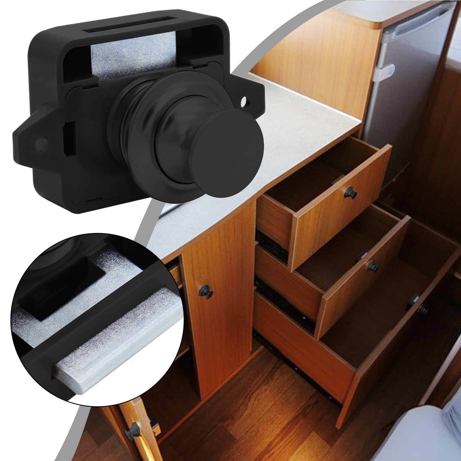 Push Button Cupboard Lock Door Latch Keyless Cabinet Drawer Catch Knob Caravan