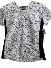 Women  s Nurse Scrub Top White With Blue Hears Black Back, Small Brand New As Is 