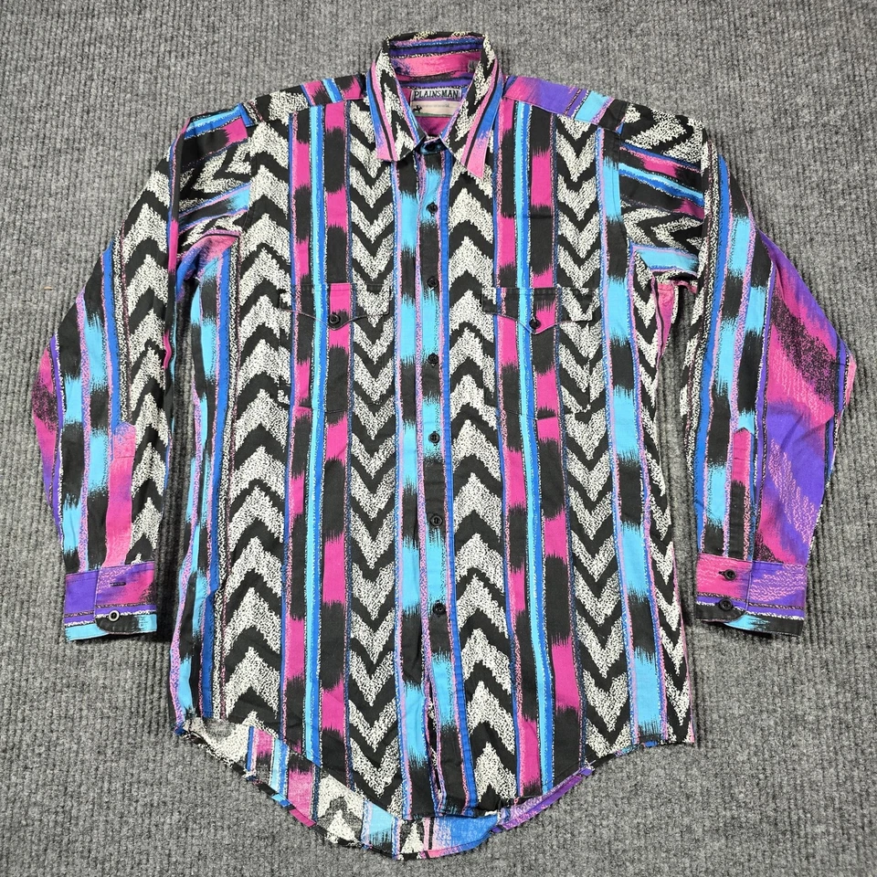 VINTAGE Plainsman Shirt Mens Small Black Pink Blue Western Aztec Geometric 90s - Image 2 of 4