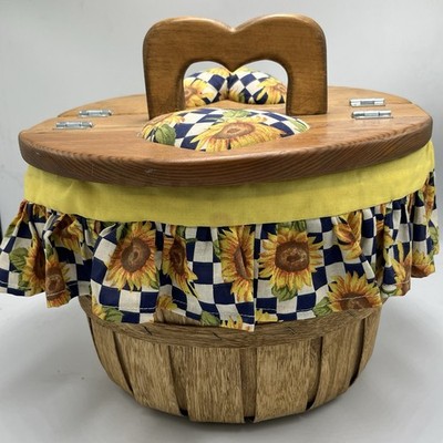 Vintage Wooden Half Bushel Sewing Basket Heart Pin Cushion Lid Sunflower Fabric