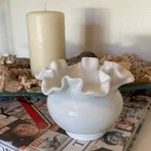 Vintage White Ruffled Art Glass Rose Bowl Vase Crimped Edge 5” Fenton Style