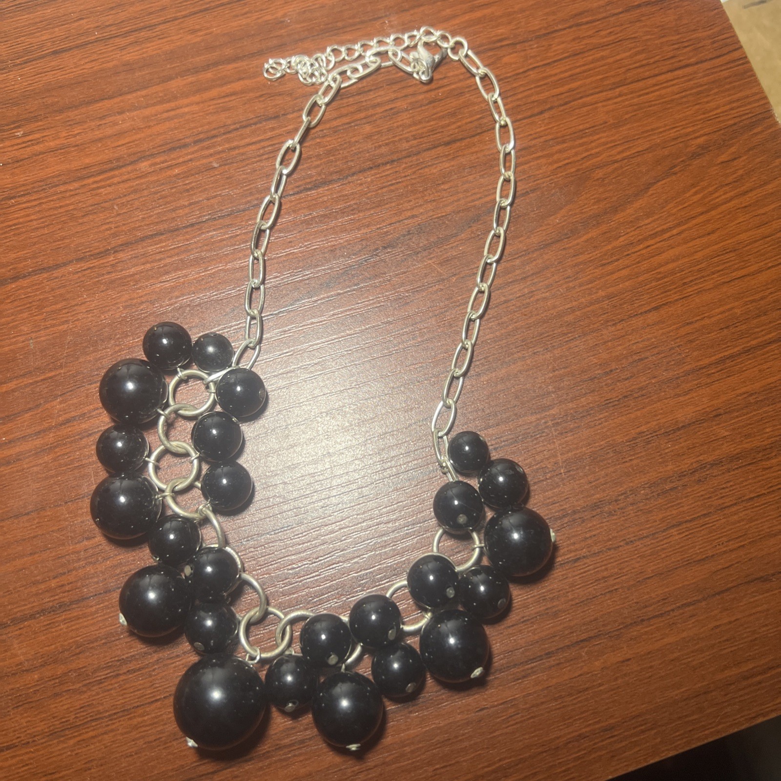 Choker Necklace Silver Tone Chain Large Black Beads Dangles Bib