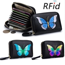 RFID Blocking Womens Leather Wallet Butterfly Credit Zip Around Card Holder Bag