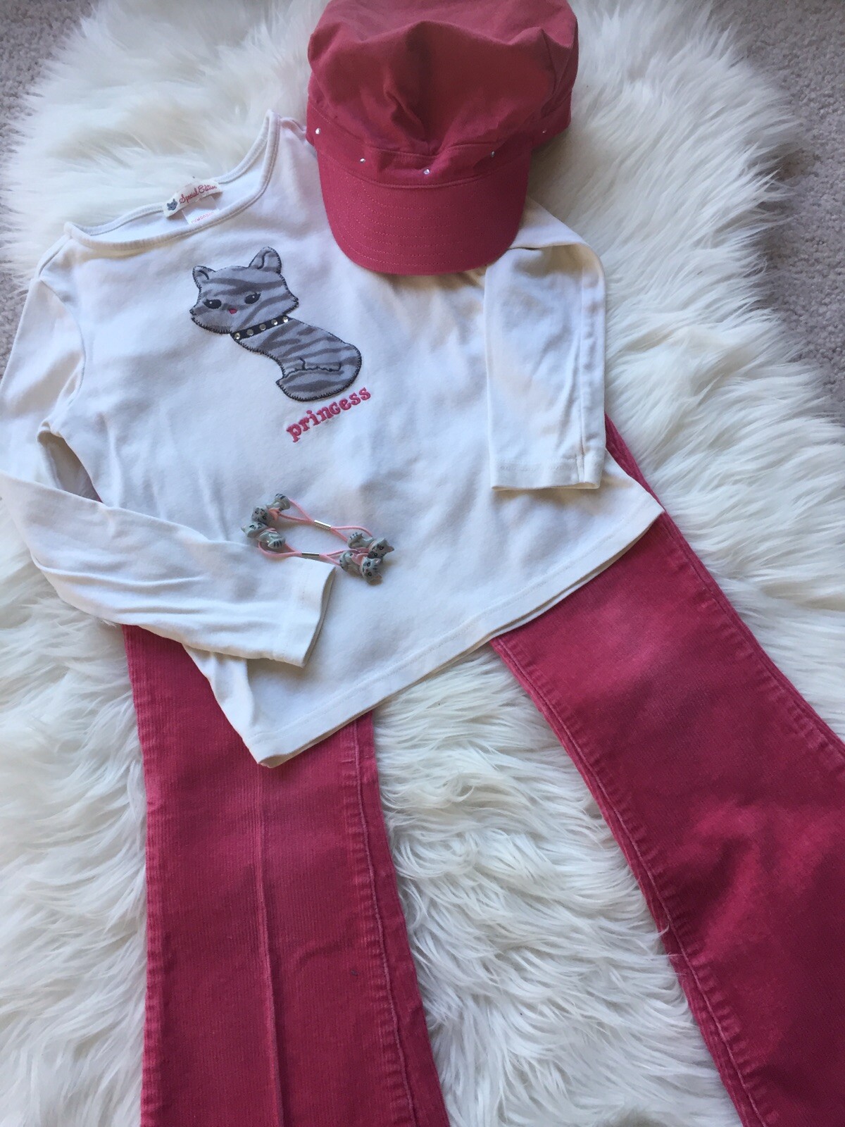 4 PC Set Cat Princess Top Corduroy Pants Hat 2 Pony hold Size 7