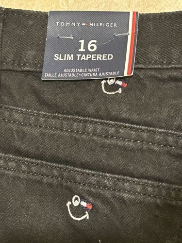 Tommy Hilfiger Girls Taper Leg Jeans Sz 16 Black White Embroidered Peace Smiley - Picture 5 of 8