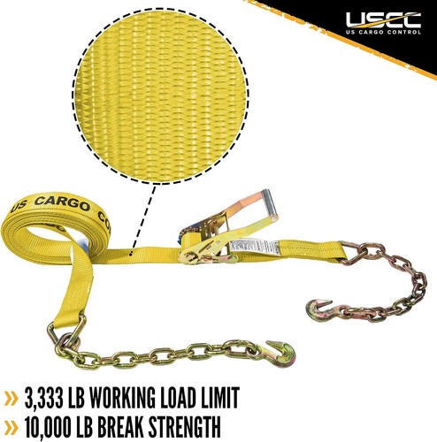 USCC 2" X 27' Ratchet Strap w/Chain Extension - Heavy Equipment - Yellow 2PK - Picture 5 of 9