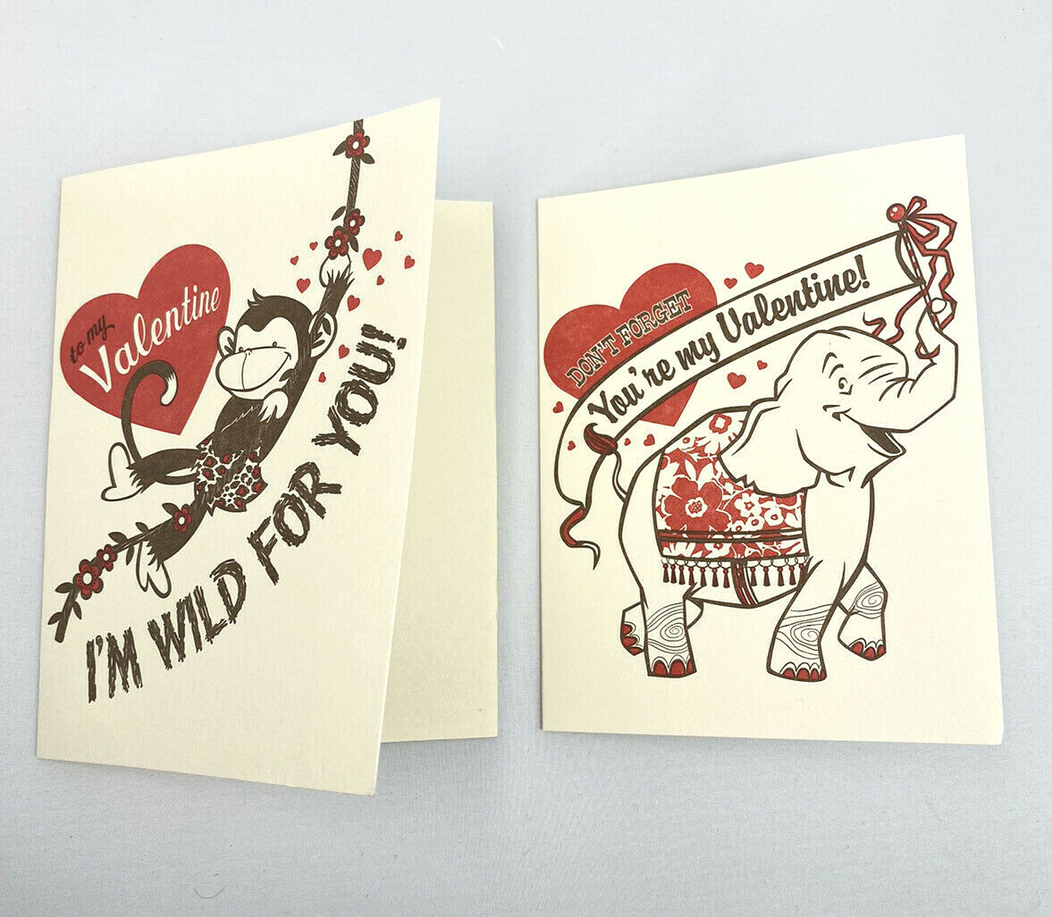 22 Valentines Unused Greeting CARD Letterpress Hello Lucky Monkey Elephant  | eBay