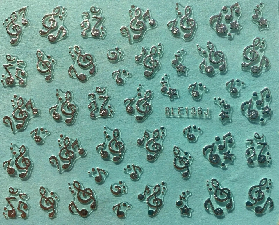 Calcomanía adhesiva 3D arte en uñas notas musicales metálicas plateadas BLE136J Foto 4 de 4