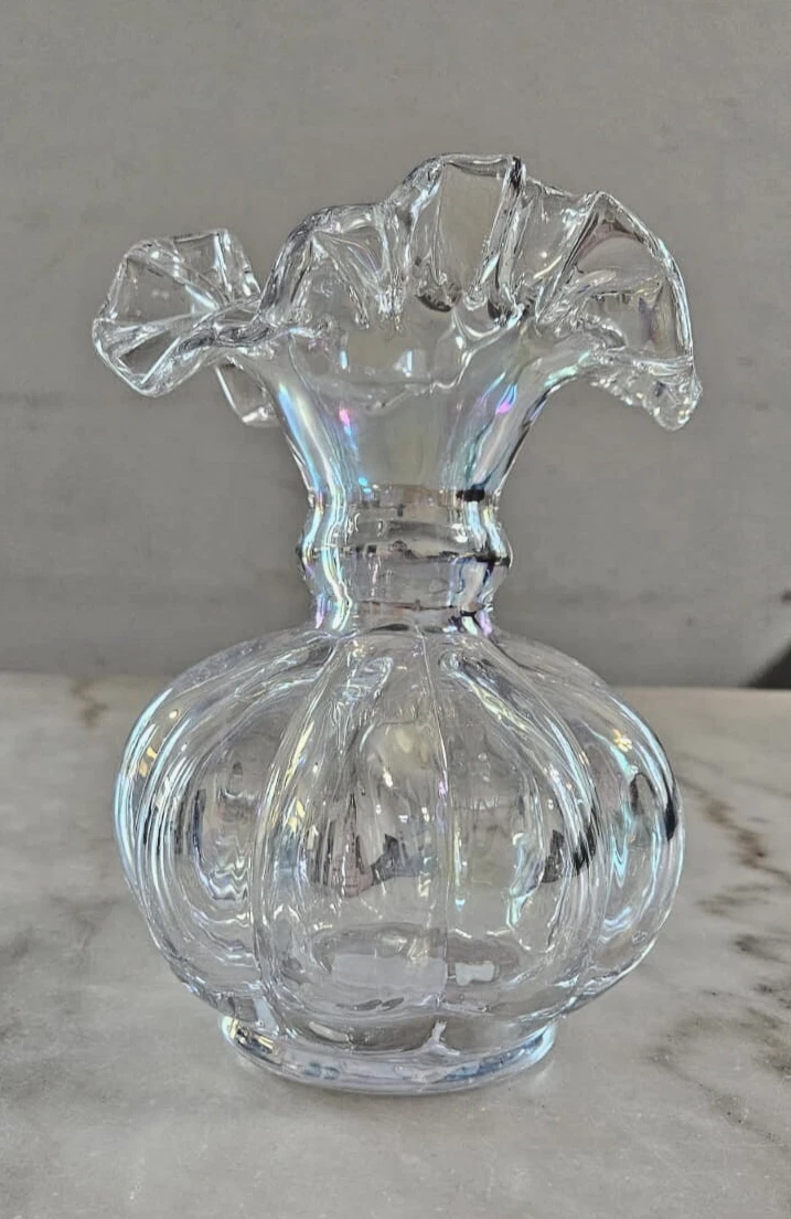Clear Glass Vase Small Iridescent Ruffle Top Ribbed Decorative 8in Vase