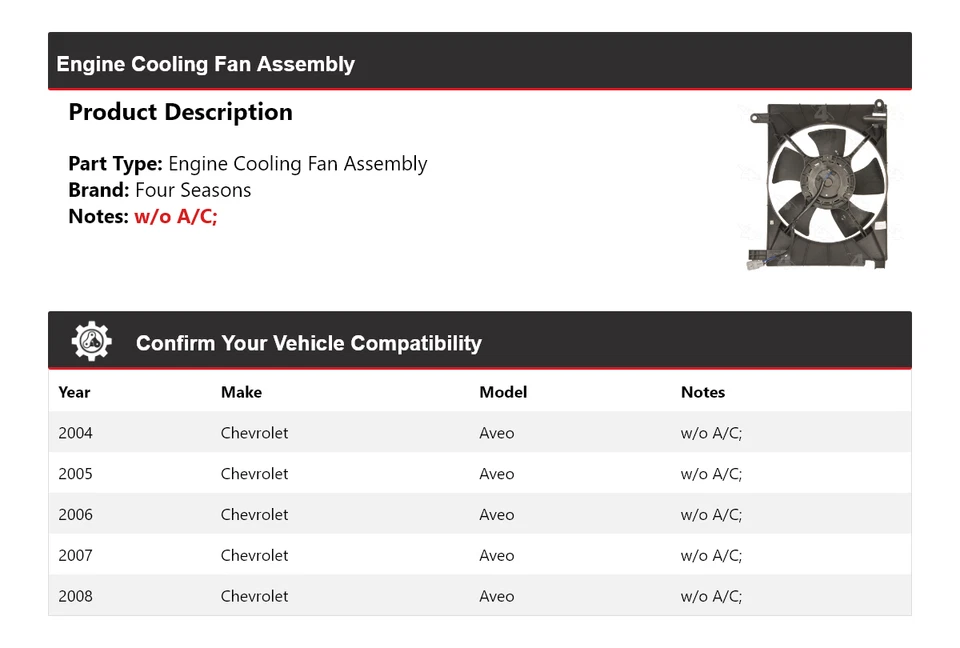For 2004-2008 Chevrolet Aveo Engine Cooling Fan Assembly 4 Seasons 2005 2006 - Image 2 of 4