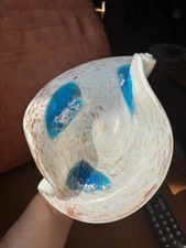 Vintage MCM Aventurine + Copper Swirl Murano Art Glass Shell or Scroll Bowl