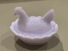 Vintage Boyd Glass Mini Hen on Nest Salt Cellar White/Lavender? Lidded 2.5”