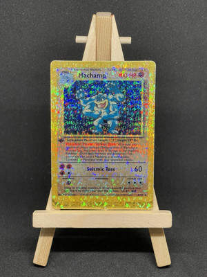 1. Auflage Machamp 8/102 Base Set HOLO Prisma Vintage Pokemon Golden Sticker Karte