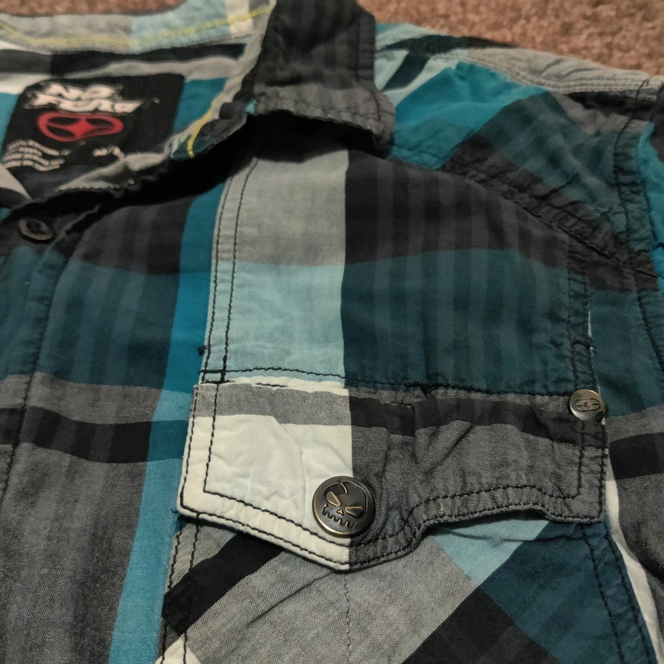 Vintage NO FEAR Cuadros Talla M Algodón Azul Gris Franela Manga Larga Y2K Foto 3 de 4