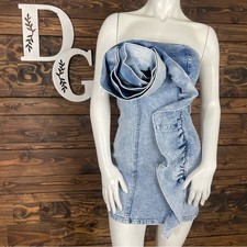 Forever 21 | Light Wash Blue Denim Strapless Tube Dress Structured Rose Ruffle