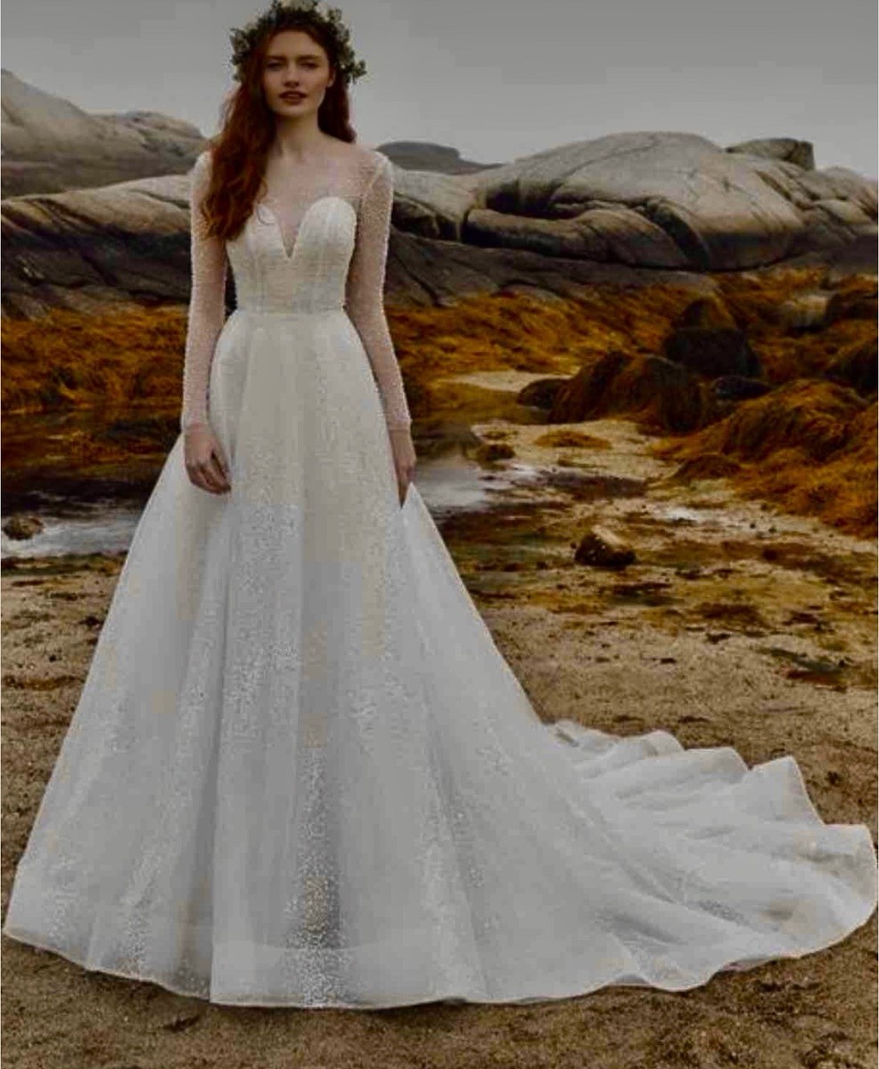 Calla Blanche L'amour Long Sleeve Pearl Tulle Wedding Dress Size 12 NWT |  eBay