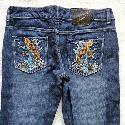 Y2K Ed Hardy Christian Audigier Embroidered Koi Fish Low Rise Jeans 30 NWOT Vtg 