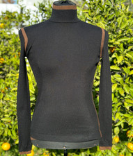Akris Wool Cashmere Silk Turtleneck Sweater Black Brown Trim Size 40 US 10