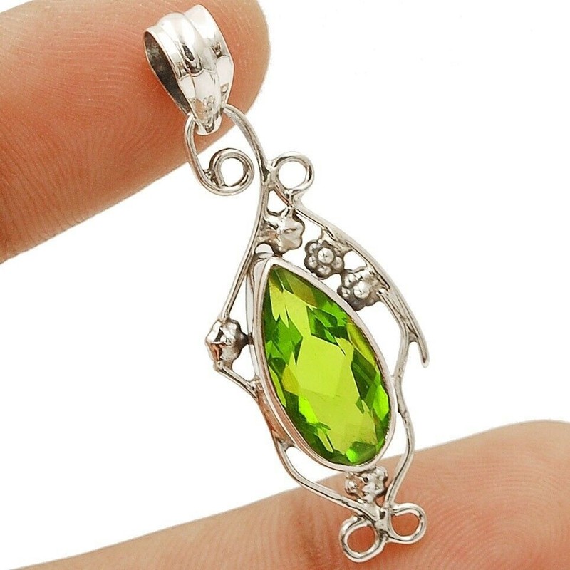 2CT Natural Peridot 925 Solid Sterling Silver Pendant Jewelry 1 2/3" Long @11-7