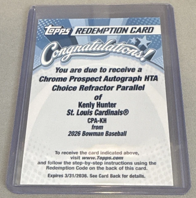 2026 Bowman Baseball Kenly Hunter Cardinals Chrome Prospect Auto HTA Redemption