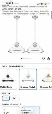 kudos 2 Pack 11'' Brushed Nickel Seeded Glass Pendant Lights New! Retail $100