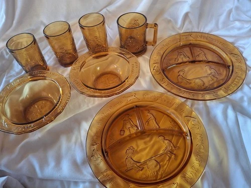 Vintage Federal Glass Amber Nursery Rhyme Children's Dish Set