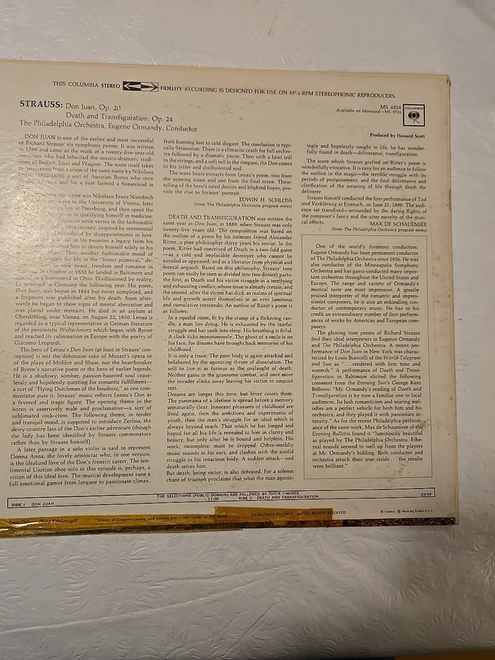 Ormandy Strauss Don Juan Death And Transfiguration Columbia   MS6324 LP Foto 2 de 4