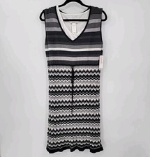 NWT Laundry by Design Women's L Dress Chevron Knit Black Gray Tie Waist Lined
