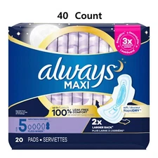40 Pk Always Maxi Pad Size 5 Bladder Control Pad Overnight Heavy Absorbency Leak