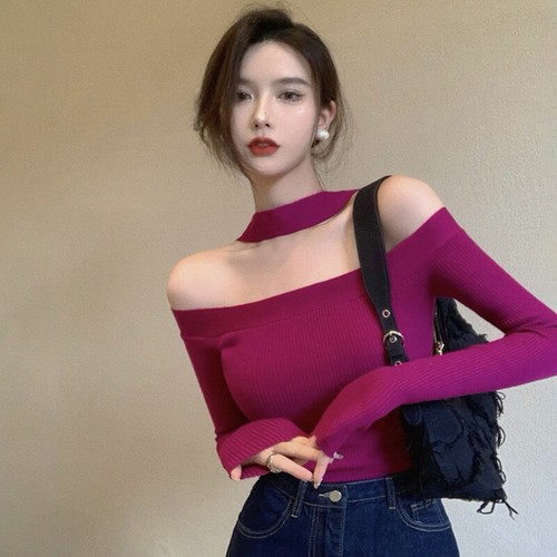 Autumn Sexy Off Shoulder Halter Sweater Women Solid Long Sleeve Slim Knitw`qi - Picture 2 of 13