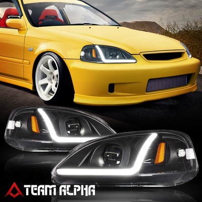 Fits 1999-2000 Honda Civic{LED L-BAR DRL}Black/Amber Corner Projector  Headlight  eBay