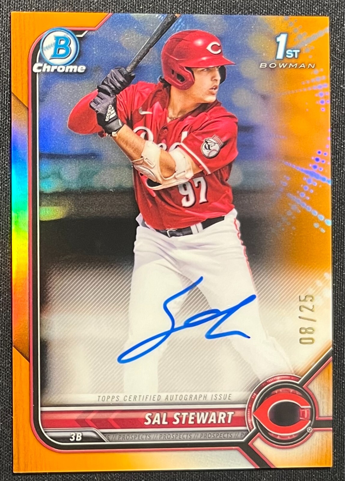 2022 BOWMAN CHROME SAL STEWART 1ST BOWMAN ORANGE REFRACTOR AUTOGRAPH #08/25 REDS