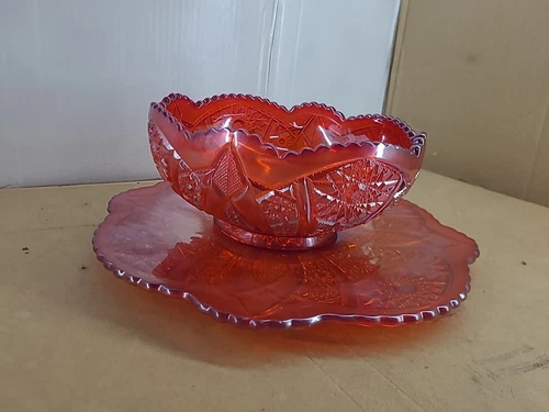 Antique Vintage Red Carnival Glass Sawtooth Bowl Set