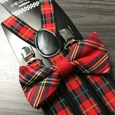 "RED PLAID" Matching Suspender  Bow-Tie Set for Adults Men Women Teen