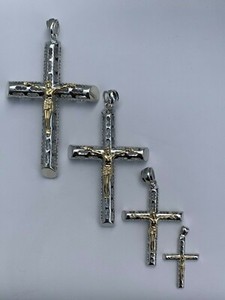 Authentic Mens Ladies Solid 925 Silver 14k Gold Plated Cross Jesus Piece ITALY Necklace
