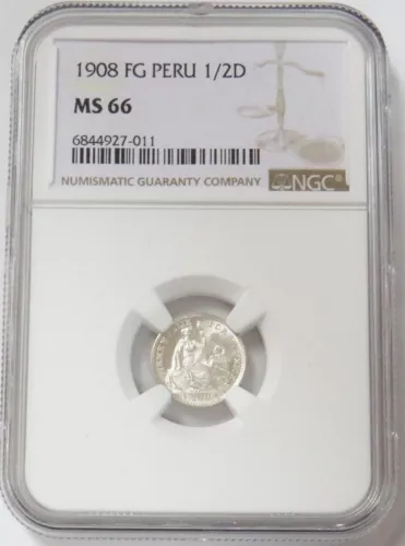1908 SILVER PERU 1/2 DINERO SEATED LIBERTY COIN NGC MINT STATE 66
