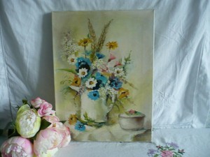 Détails Sur Tableau Huile Sur Toile Bouquet Fleurs Champetre Nature Morte Au Broc Signé