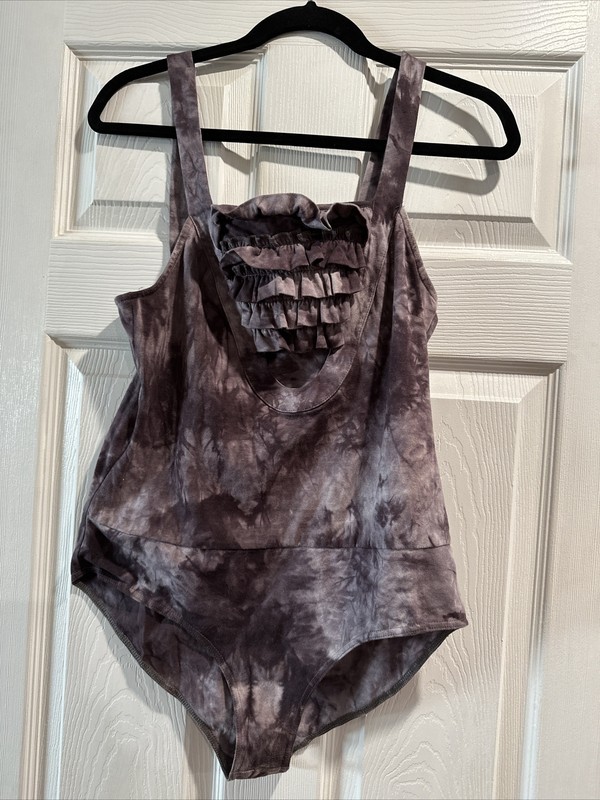 SPARKLE & FADE Purple Tie-Dye Sleeveless Front Ruffle Bodysuit - Size L