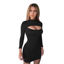 Women Cut Out Front Crew Neck Long Sleeve Pencil Bodycon Mini Mini Bandage Dress