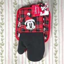 NWT Disney Mickey Mouse Christmas Oversized Oven Mitt & Pot Holder Beige Red