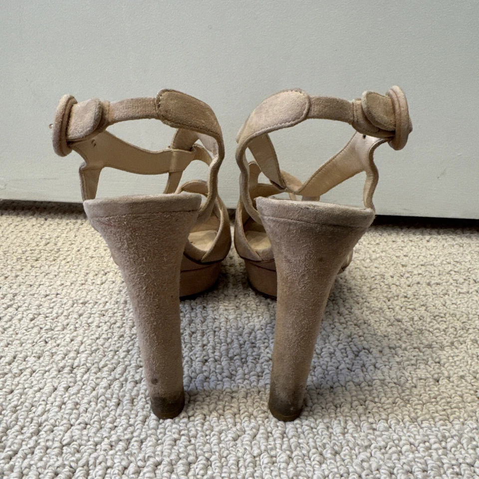 GREAT PRICE! Beige Prada 37.5 (US 7) Suede Platform Sandal Heels - Image 3 of 4