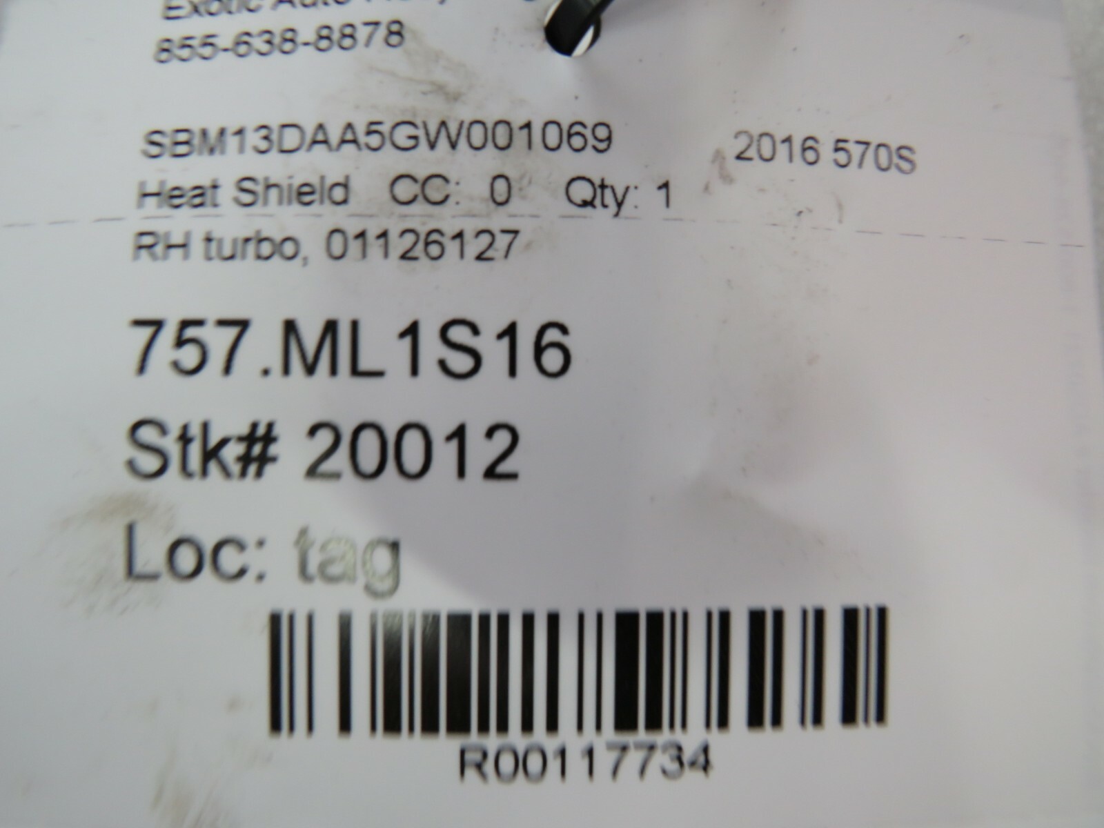 McLaren 570S, RH, Right Turbo Heat Shield, Used, P/N 01126127