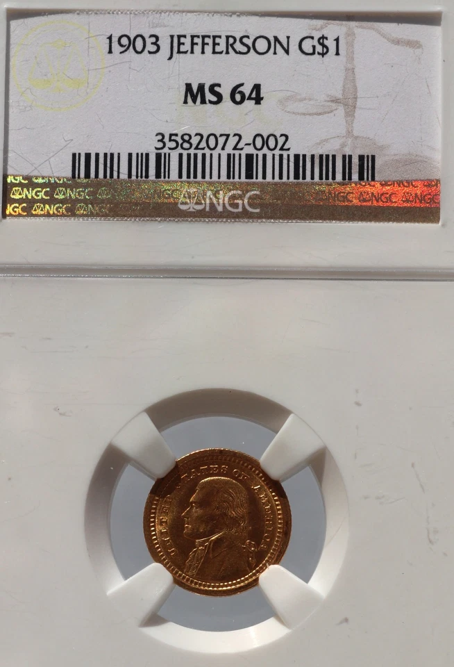 LA Purchase Jefferson Commemorative Gold 1903 G$1 Dollar NGC MS64 - Image 3 of 4