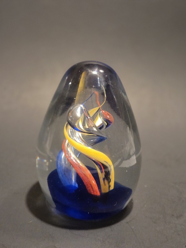 Blue Orange And Yellow Twisted Pattern Egg Shaped Art Glass Paperweight