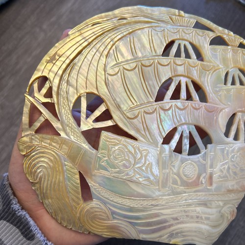 Unique Nautical Ship Carved Art Seashell Mother Of Pearl Abalone Statue Figurine - Picture 16 of 24