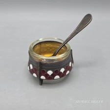 Vintage USSR Melchior and Enamel Open Salt Cellar Caviar Mustard Bowl with Spoon