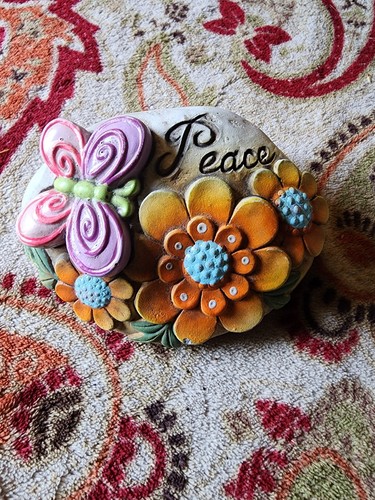 Garden Decoration - Peace Rock with Orange Butterfly and Purple Flower 4 inch