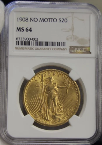 1908 No Motto US $20 Saint Gaudens  Gold Piece NGC MS64