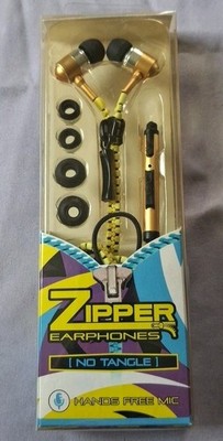 Zipper Earphones No Tangle Hands Free Mic Volume Control Earbuds Gold New
