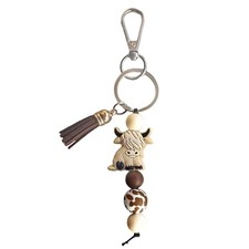 Highland Cow Keychain Cute Animal Keychains Charms with Tassel for Women Beige